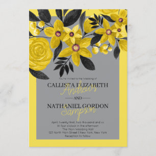 Invitation Mariage d'aquarelle moderne gris noir jaune