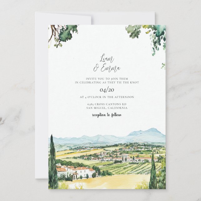 Invitation Mariage d'aquarelle Napa Valley California (Devant)