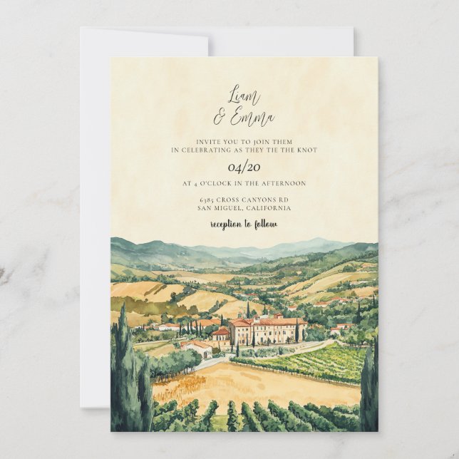 Invitation Mariage d'aquarelle Napa Valley California (Devant)