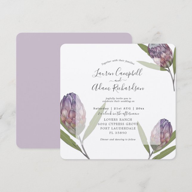 Invitation Mariage d'aquarelle pourpre de Protea tropical (Devant / Derrière)