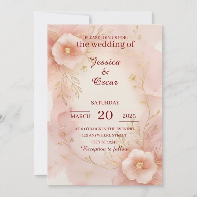 Invitation Mariage d'aquarelle romantique rose pâle (Devant)
