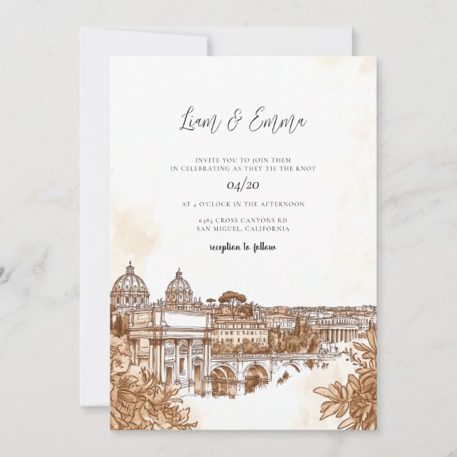 Invitation Mariage d'aquarelle Rome Italie (Devant)