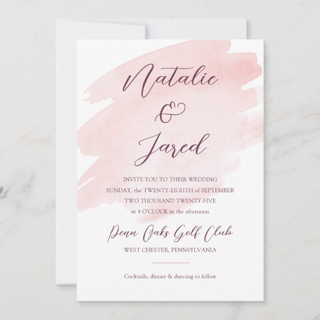 Invitation Mariage d'aquarelle rose (Devant)