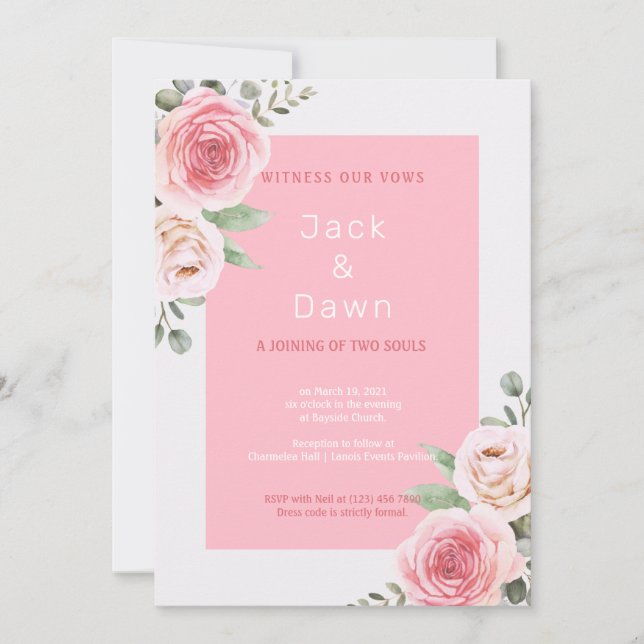 Invitation Mariage d'aquarelle rose et blanc (Devant)
