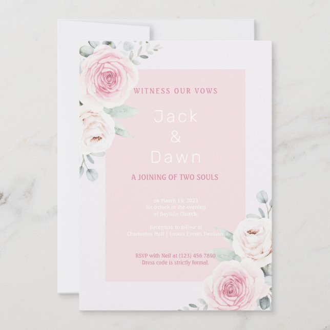 Invitation Mariage d'aquarelle rose et blanc (Devant)