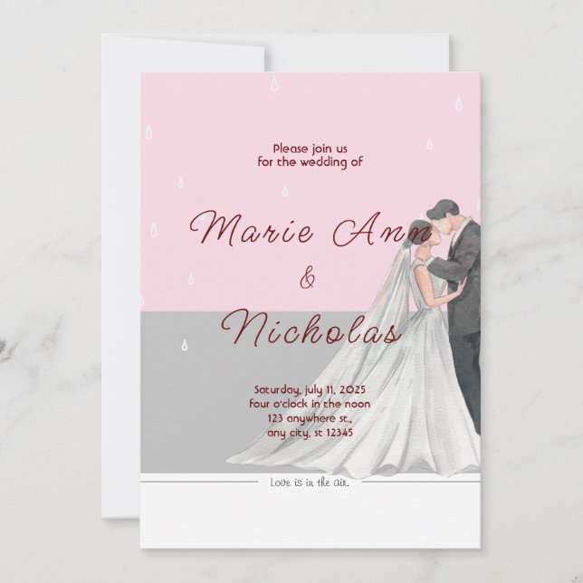 Invitation Mariage d'aquarelle rose et gris (Devant)