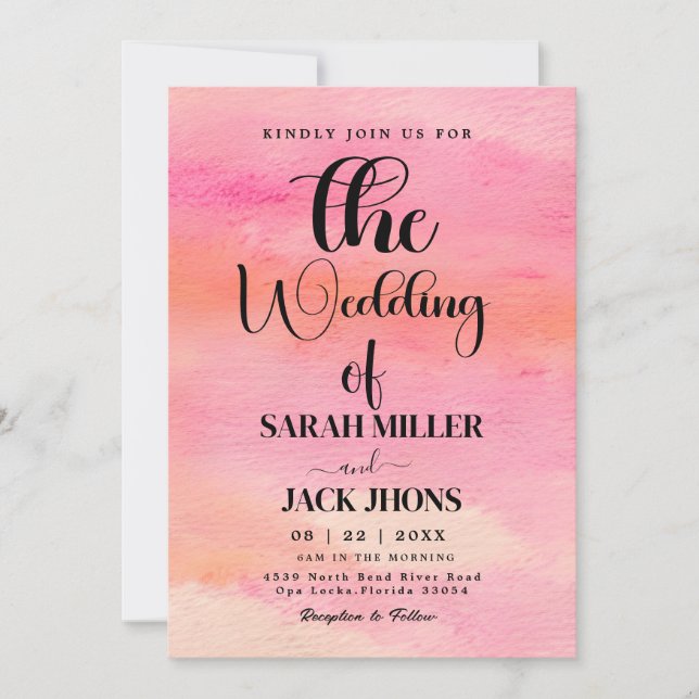 Invitation Mariage d'aquarelle rose et orange (Devant)