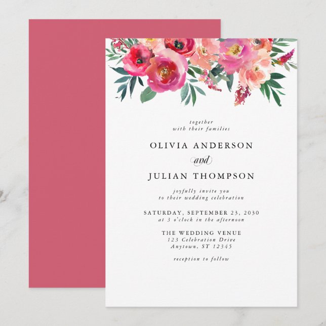 Invitation Mariage d'aquarelle rose et rouge Floral (Devant / Derrière)