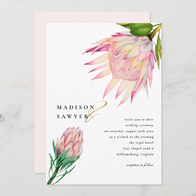 Invitation Mariage d'aquarelle rose King Protea (Devant / Derrière)