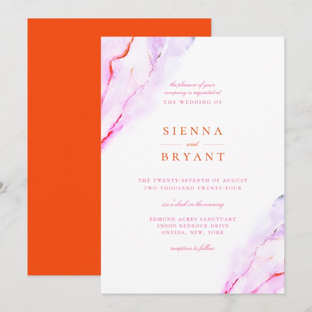 Invitation Mariage d'aquarelle rose orange (Devant / Derrière)