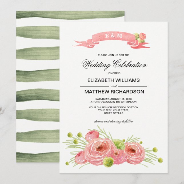 Invitation Mariage d'aquarelle Rose romantique (Devant / Derrière)