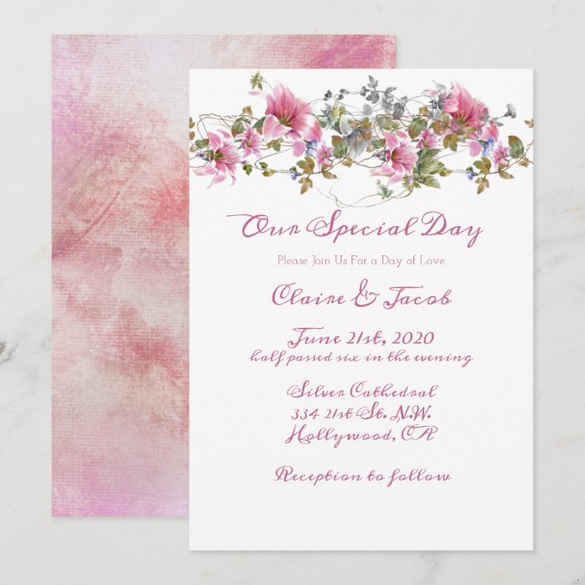 Invitation Mariage d'aquarelle rose romantique (Devant / Derrière)