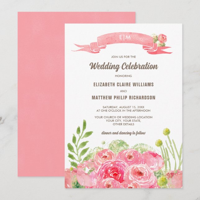 Invitation Mariage d'aquarelle Rose romantique (Devant / Derrière)