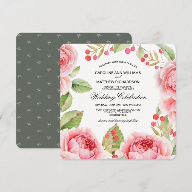 Invitation Mariage d'aquarelle Rose romantique (Devant / Derrière)