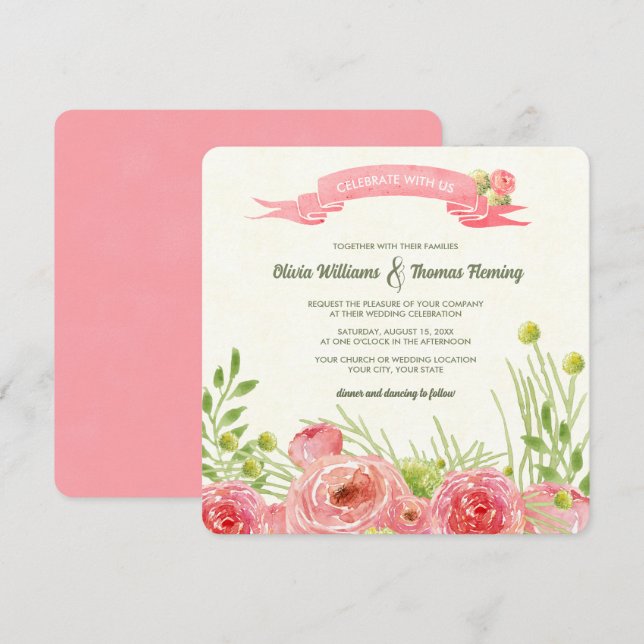 Invitation Mariage d'aquarelle Rose romantique (Devant / Derrière)