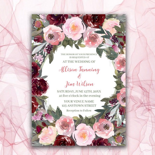 Invitation Mariage d'aquarelle rose rose bordeaux (Créateur téléchargé)