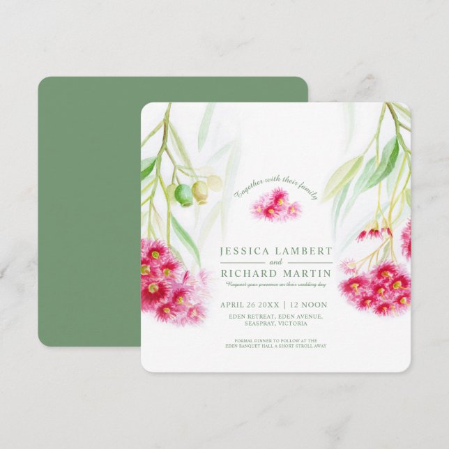 Invitation Mariage d'aquarelle rose rouge eucalyptus (Devant / Derrière)