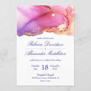 Invitation Mariage d'aquarelle rose violet or moderne
