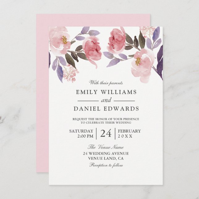 Invitation Mariage d'aquarelle rose violet rose (Devant / Derrière)