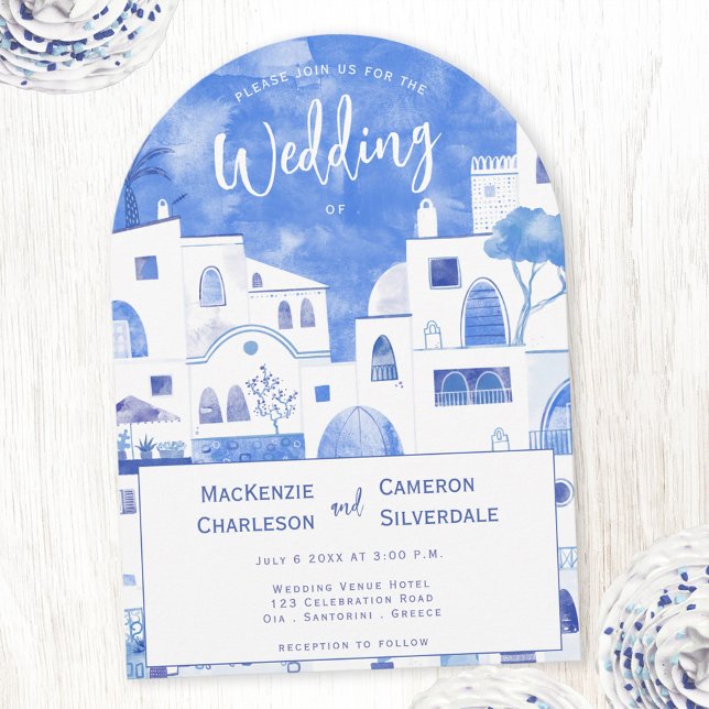 Invitation Mariage d'aquarelle Santorini (Santorini watercolor art arched wedding invitation)