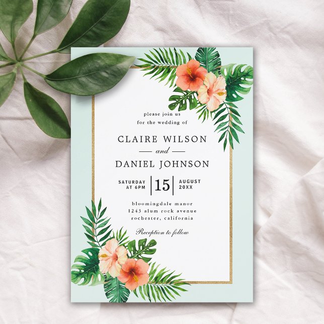 Invitation Mariage d'aquarelle tropicale moderne Mint Green (Créateur téléchargé)