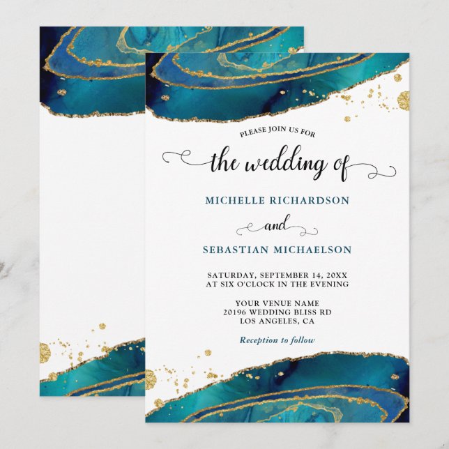 Invitation Mariage d'aquarelle turquoise Gold Agate (Devant / Derrière)
