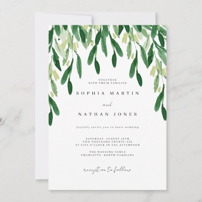 Invitation Mariage d'aquarelle végétale à feuilles vertes (Devant)
