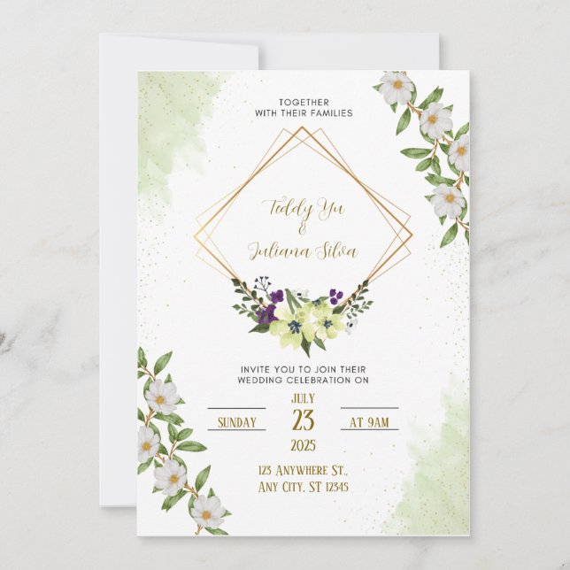 Invitation Mariage d'aquarelle vert blanc (Devant)