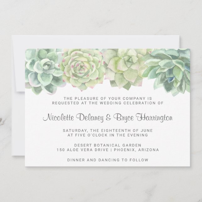 Invitation Mariage d'aquarelle vert botanique Succulent (Devant)