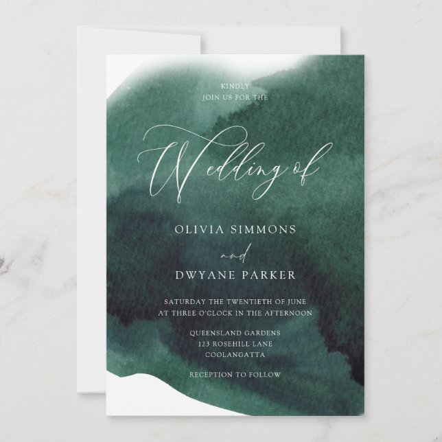 Invitation Mariage d'aquarelle vert émeraude moderne (Devant)