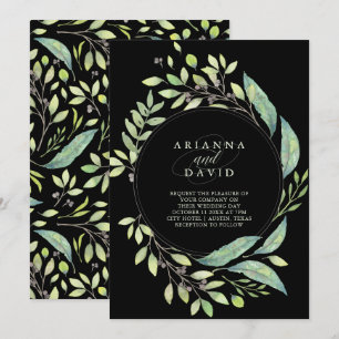 Invitation Mariage d'aquarelle vert feuilles Noir