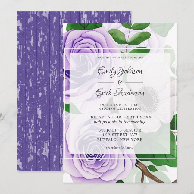 Invitation Mariage d'aquarelle verte Rose violet dans (Devant / Derrière)