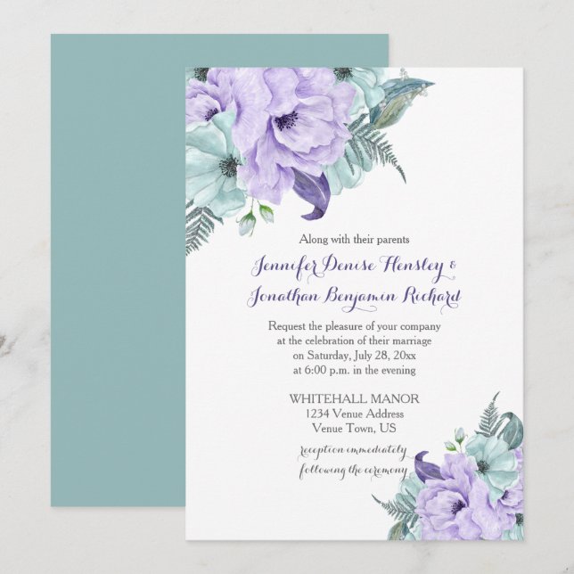 Invitation Mariage d'aquarelle violet de la lavande de menthe (Devant / Derrière)