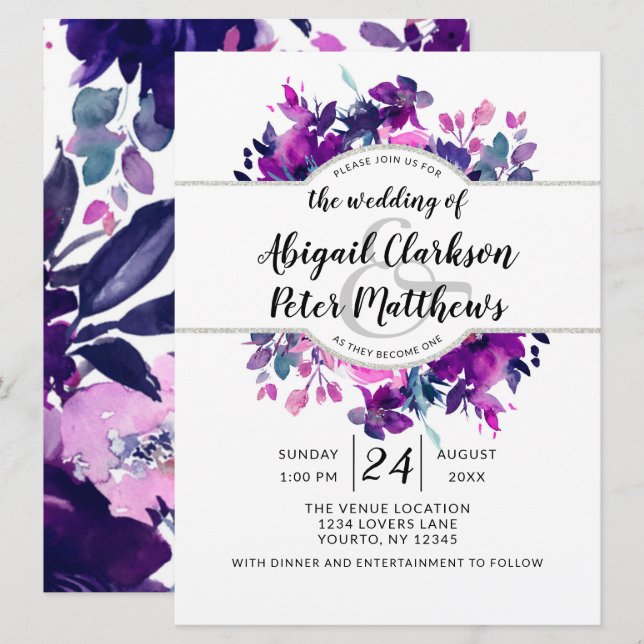 Invitation Mariage d'aquarelle violet floral enchanté (Devant / Derrière)