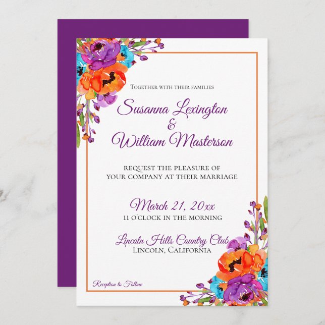 Invitation Mariage d'aquarelle violet turquoise orange (Devant / Derrière)