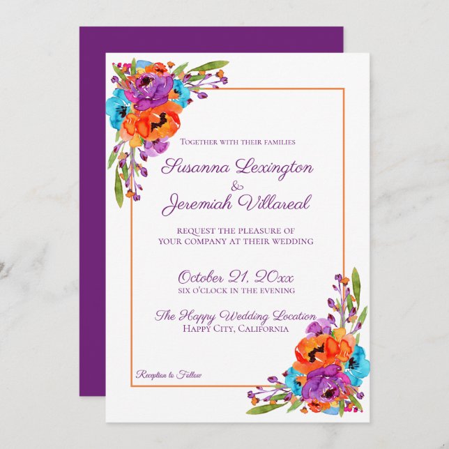 Invitation Mariage d'aquarelle violet turquoise orange (Devant / Derrière)