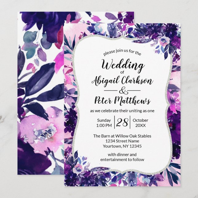 Invitation Mariage d'aquarelle violet violet floral enchanté (Devant / Derrière)