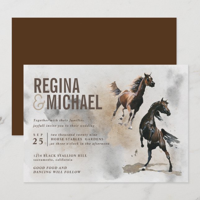 Invitation Mariage d'aquarelle Wild Horse (Devant / Derrière)