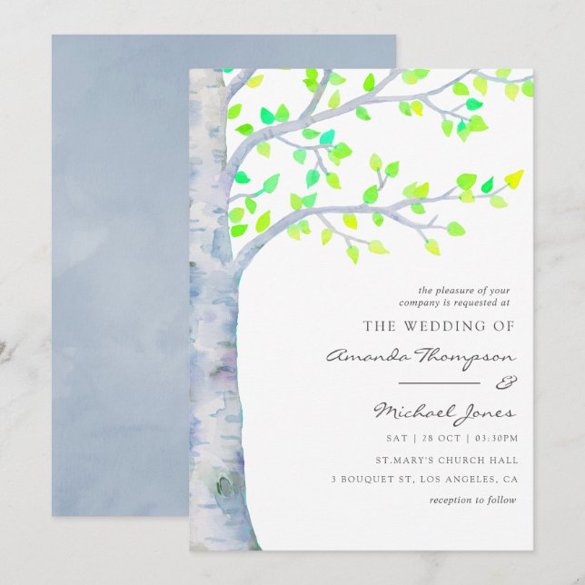 Invitation Mariage d'arbre de bouleau de printemps aquarelle (Devant / Derrière)