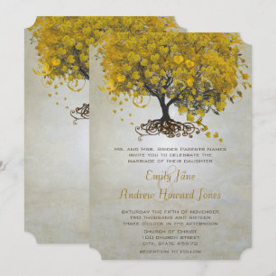 Invitation Mariage d'arbre de feuilles de coeur jaune invite