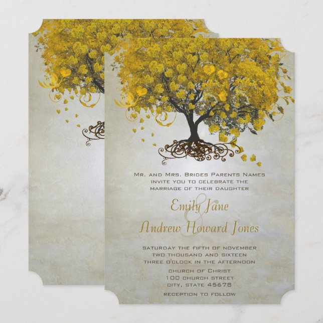 Invitation Mariage d'arbre de feuilles de coeur jaune invite (Devant / Derrière)