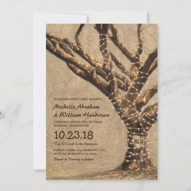 Invitation Mariage d'arbre rustique avec voyants de chaîne (Devant)