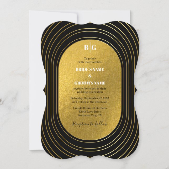 Invitation Mariage d'arc minimaliste moderne noir & or (Devant)