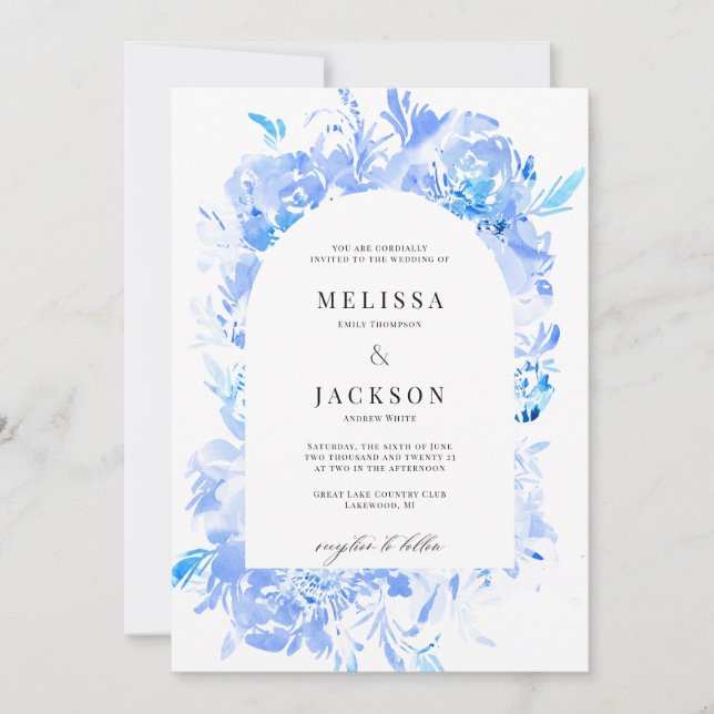 Invitation Mariage d'arche à fleurs bleu aquarelle (Devant)