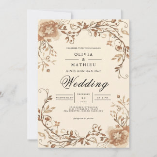 Invitation Mariage d'arche à rouleaux floraux Sepia