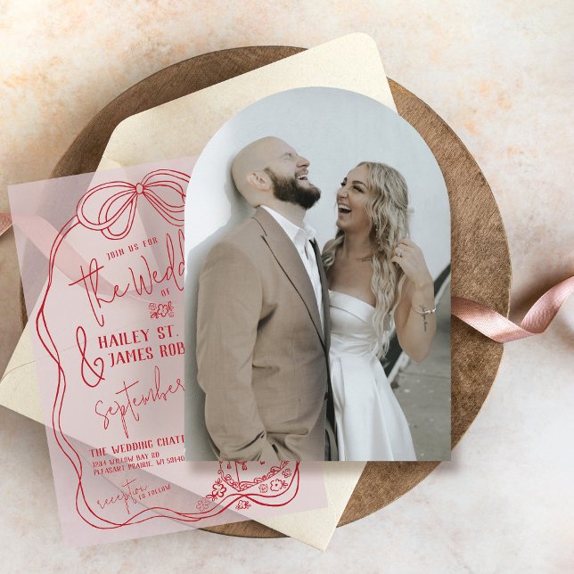 Invitation Mariage d'arche de la main moderne (Simple wedding invitation arch photo underlay card for modern whimsical pink red bow vellum overlay)