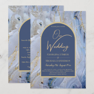 Invitation Mariage d'arche en marbre moderne bleu or