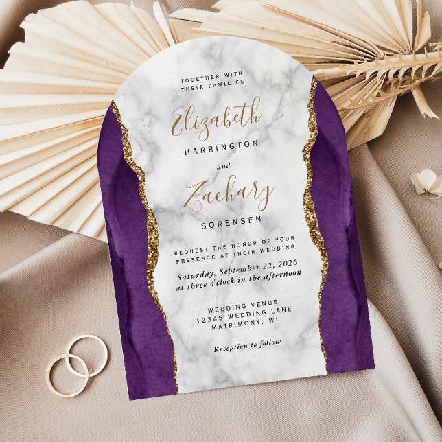 Invitation Mariage d'arche en marbre moderne violet or (Créateur téléchargé)
