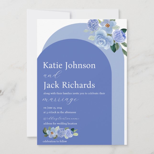Invitation Mariage d'arche florale d'aquarelle bleue (Devant)
