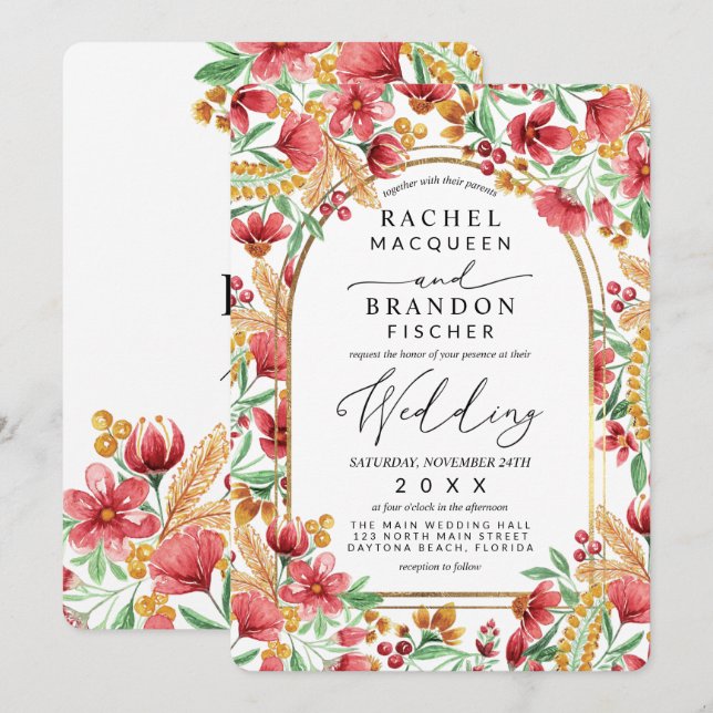Invitation Mariage d'arche florale rose vif jaune or (Devant / Derrière)
